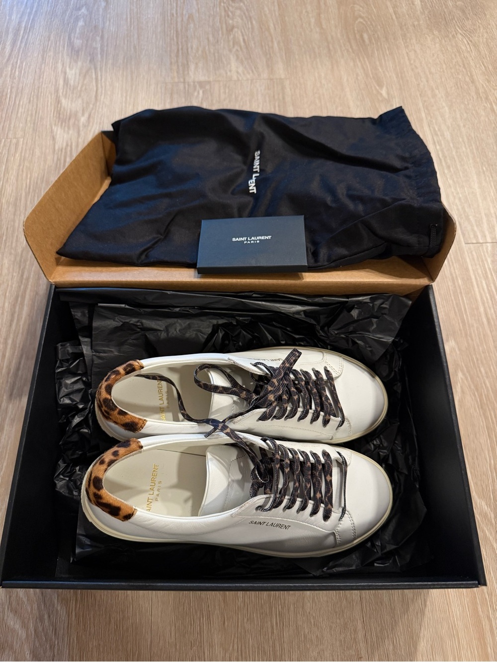 Saint Laurent Women’s White Leather Sneakers with Leopard Collar US Size 7